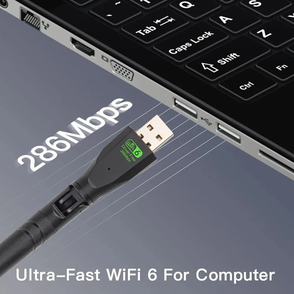 Black USB WiFi 6 wireless network card adapter for PC and laptop dual-band connectivity.