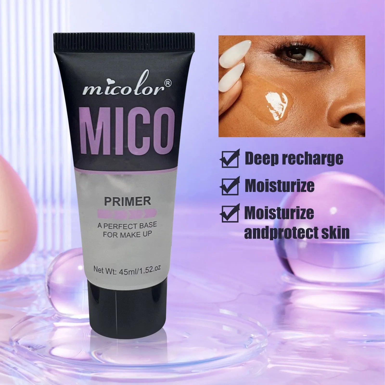 Makeup primer and finishing spray two-in-one system with 45ml and 40ml monochrome bottles