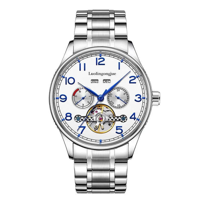 Men's stainless steel business watch with skeleton mechanical movement and black leather strap