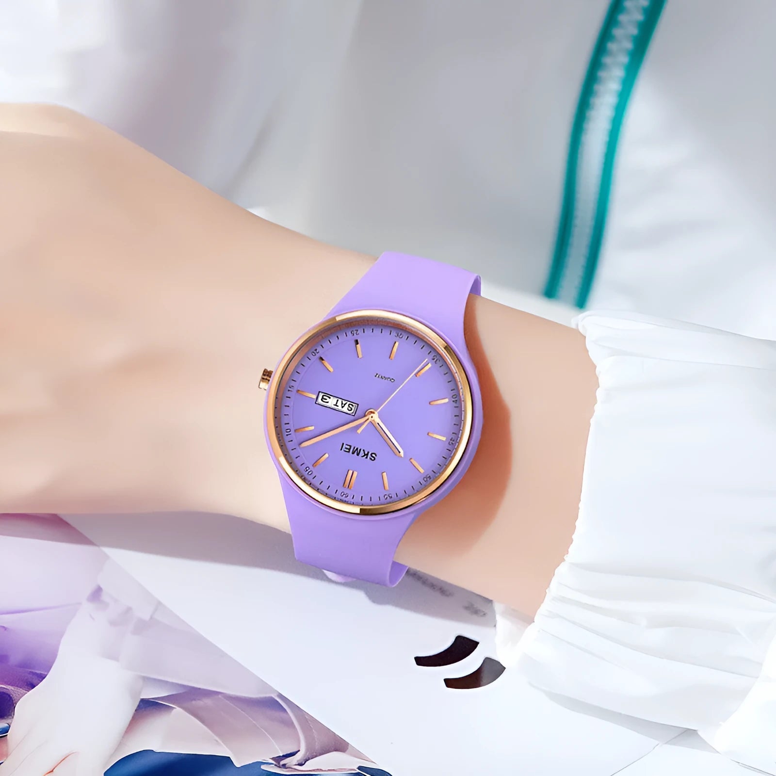 Women's quartz watch with silicone strap in multiple colours showing 42mm dial and stainless steel buckle