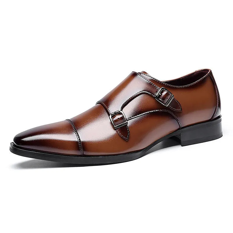Men's black and light brown leather shoes with square toe and rubber sole in British gentleman style