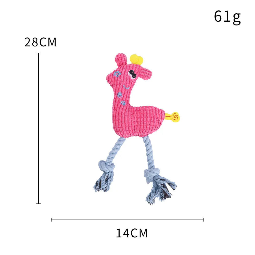 Deer-shaped plush pet toy with corn grain texture in blue, pink and yellow colour options