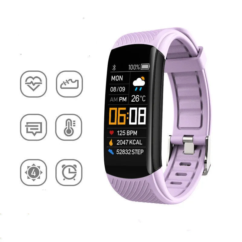 C5S model sports pedometer bracelet in various colours on a wrist, showing 0.96-inch screen.