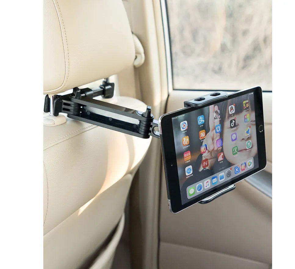 Black universal car phone and iPad holder mounted on a car seat headrest.