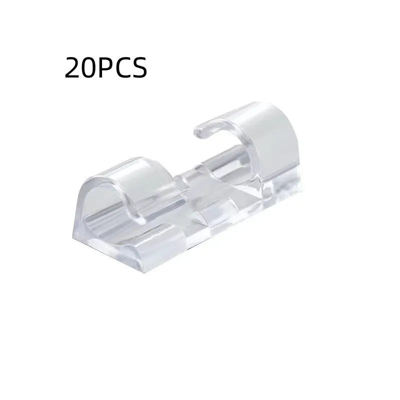 Transparent self-adhesive plastic cable clips for wire management in four different sizes.