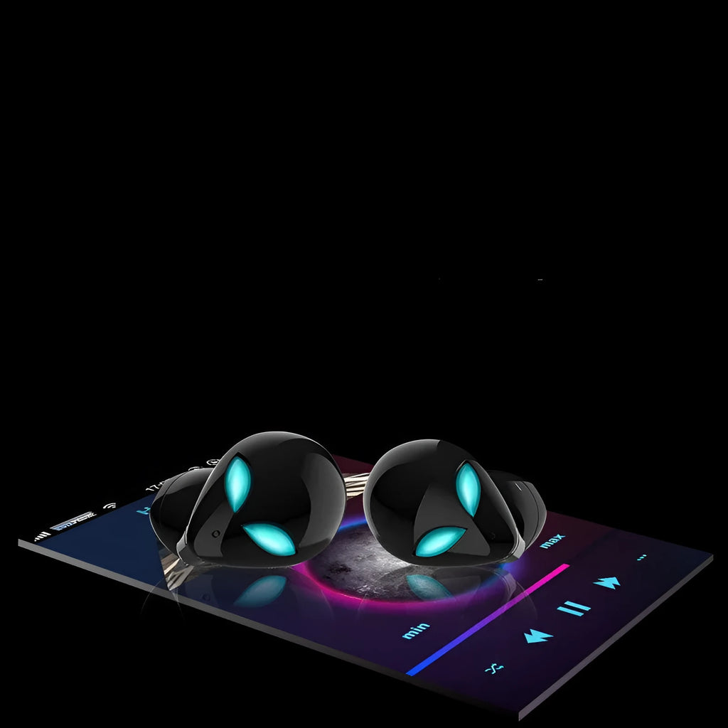 Creative Outer T8 Starman Alien design Bluetooth earbuds with red lighting in charging case.
