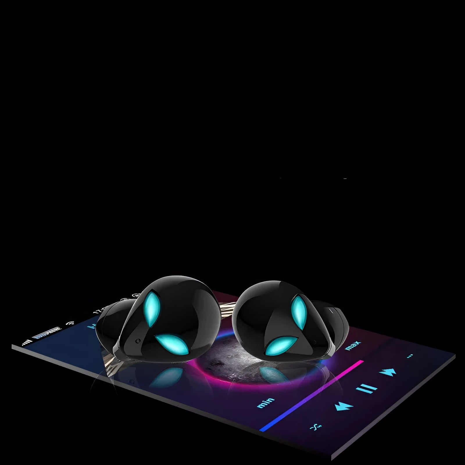 Creative Outer T8 Starman Alien design Bluetooth earbuds with red lighting in charging case.