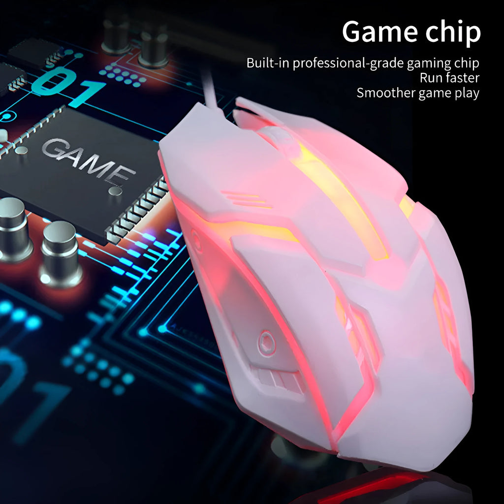 Wired LED computer mouse with glowing effects in black or white, showing 120mm size and USB cable