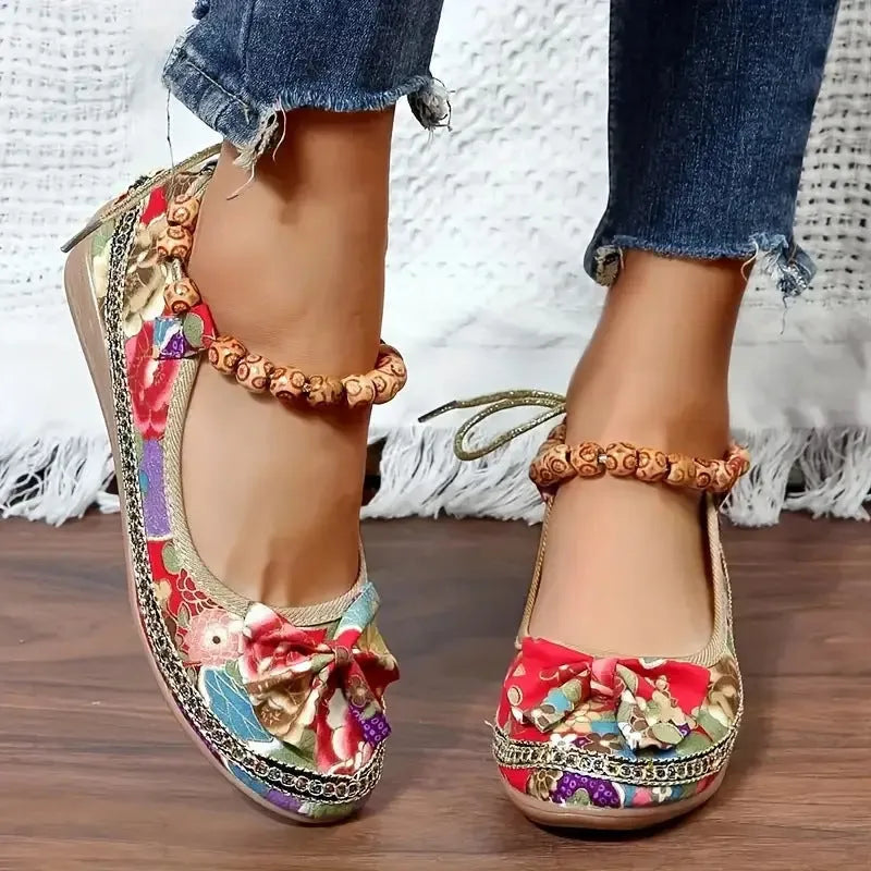 Women's plus size ethnic style platform sandals with cloth upper and elastic band fastening
