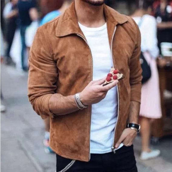 Men's slim fit turn down collar jacket in khaki with zip front and side pockets