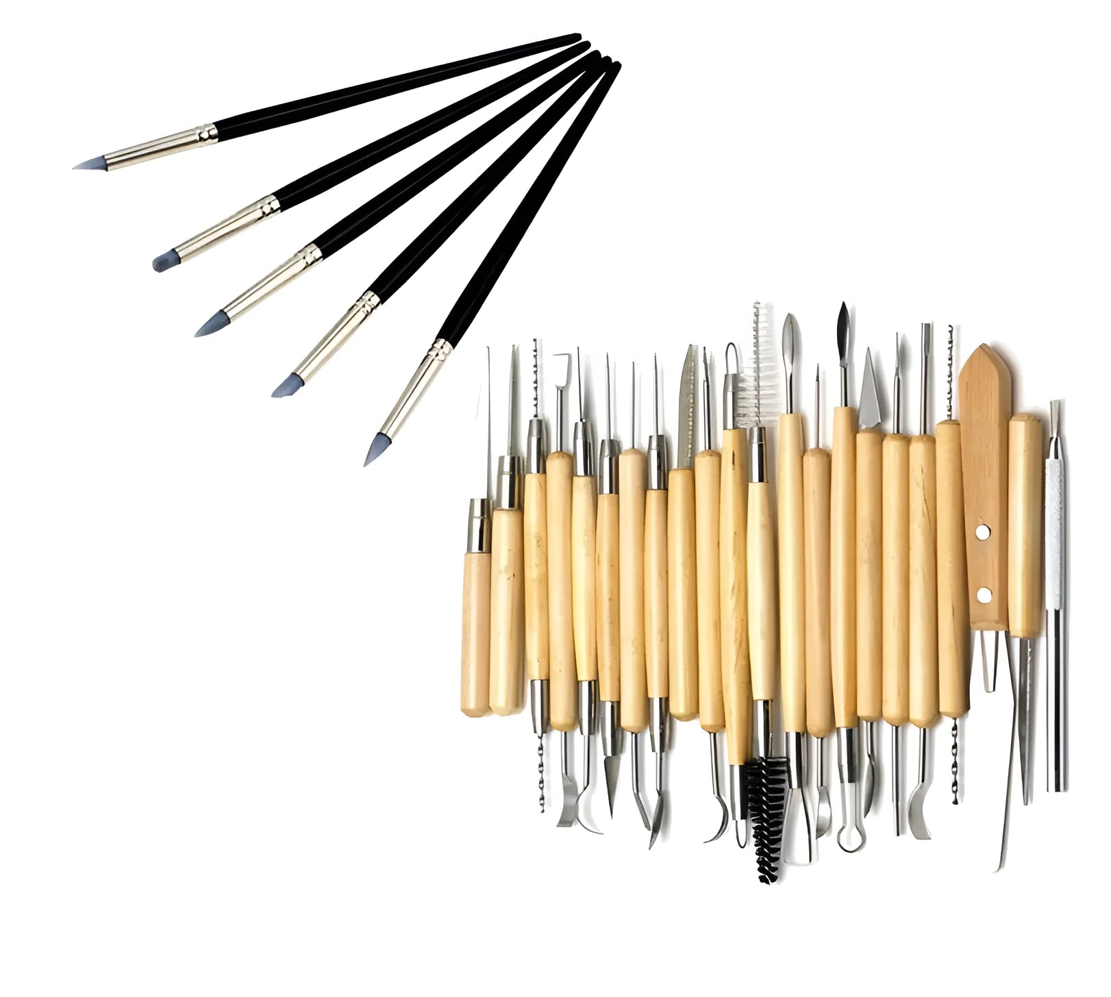 27-piece pottery clay tool set with wooden handles and stainless steel tools for sculpting