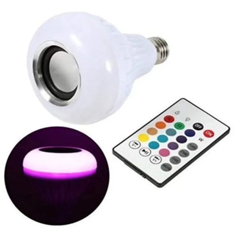 White E27 LED light bulb with Bluetooth speaker and remote control for 16 colour options