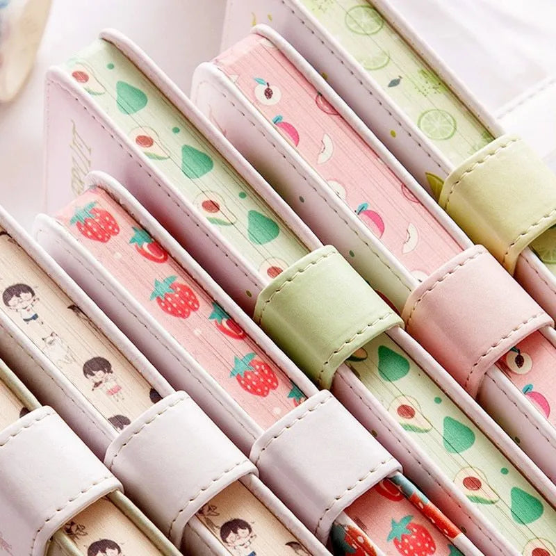 Fruit print notebook planner with magnetic buckle, imitation leather cover, kawaii illustration, A6 size 18.6x13.8cm