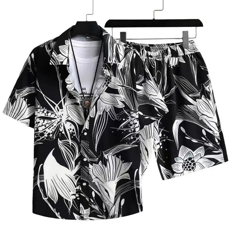 Man wearing a digitally printed short sleeve shirt and matching shorts from a casual polyester suit set.