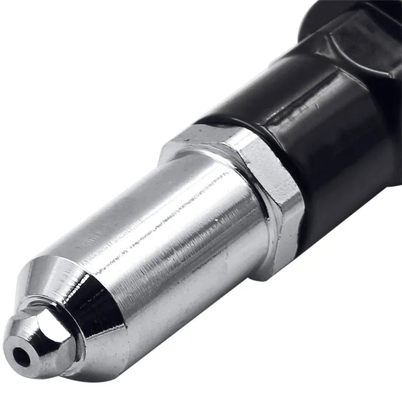 Black metal electric drill rivet gun attachment with alloy steel head, 173mm long, shown with handle and wrench.