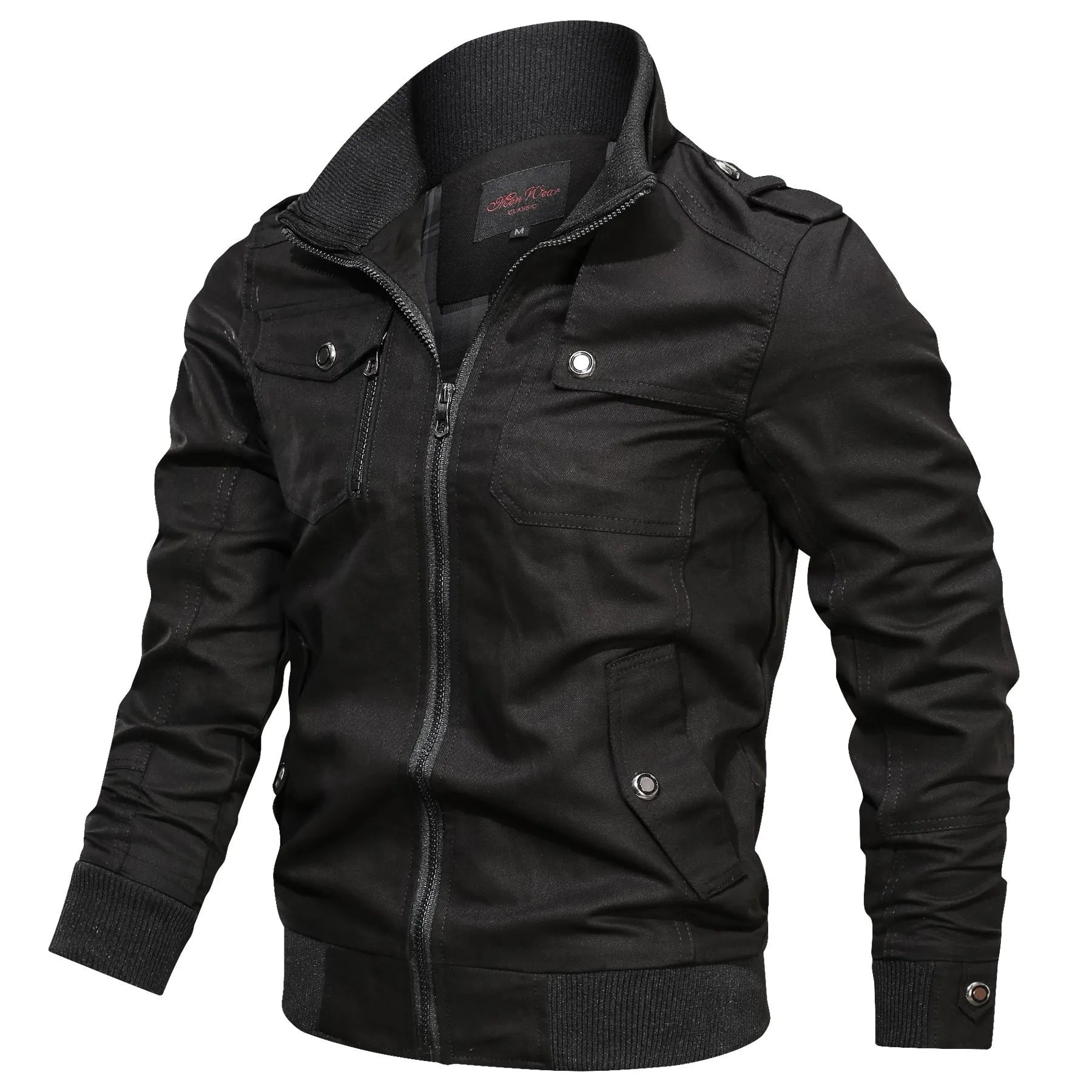 Cotton men's stand collar jacket in solid colour with side pockets available in multiple sizes
