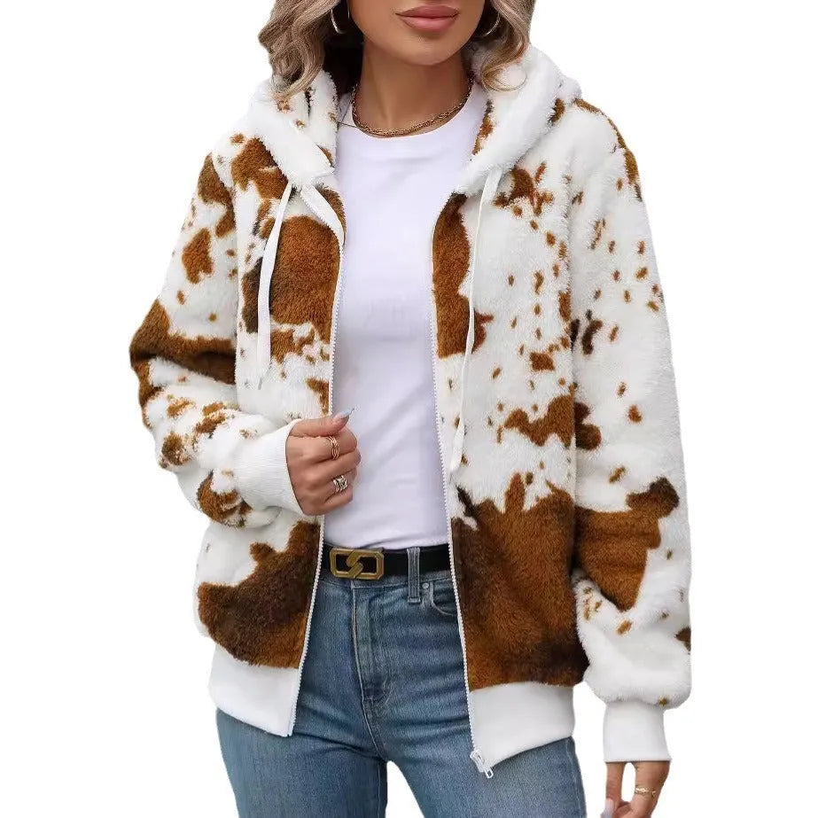 Yellow Brown Cow animal print hooded cardigan jacket with full zip