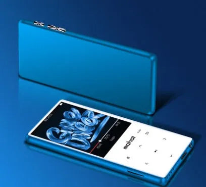 Silver portable MP3 player with a large 2.4-inch touch screen displaying a music interface.