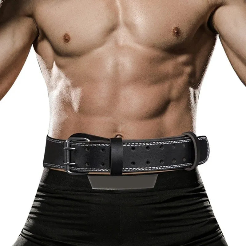 Black narrow cowhide fitness belt with adjustable punching holes for weightlifting core and lumbar support