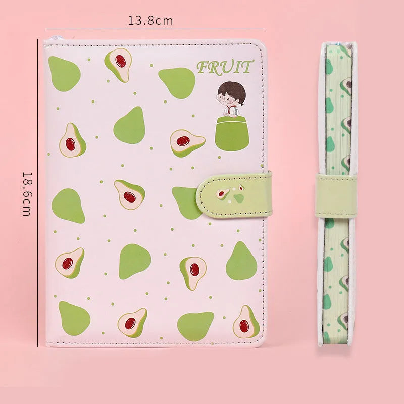 Fruit print notebook planner with magnetic buckle, imitation leather cover, kawaii illustration, A6 size 18.6x13.8cm