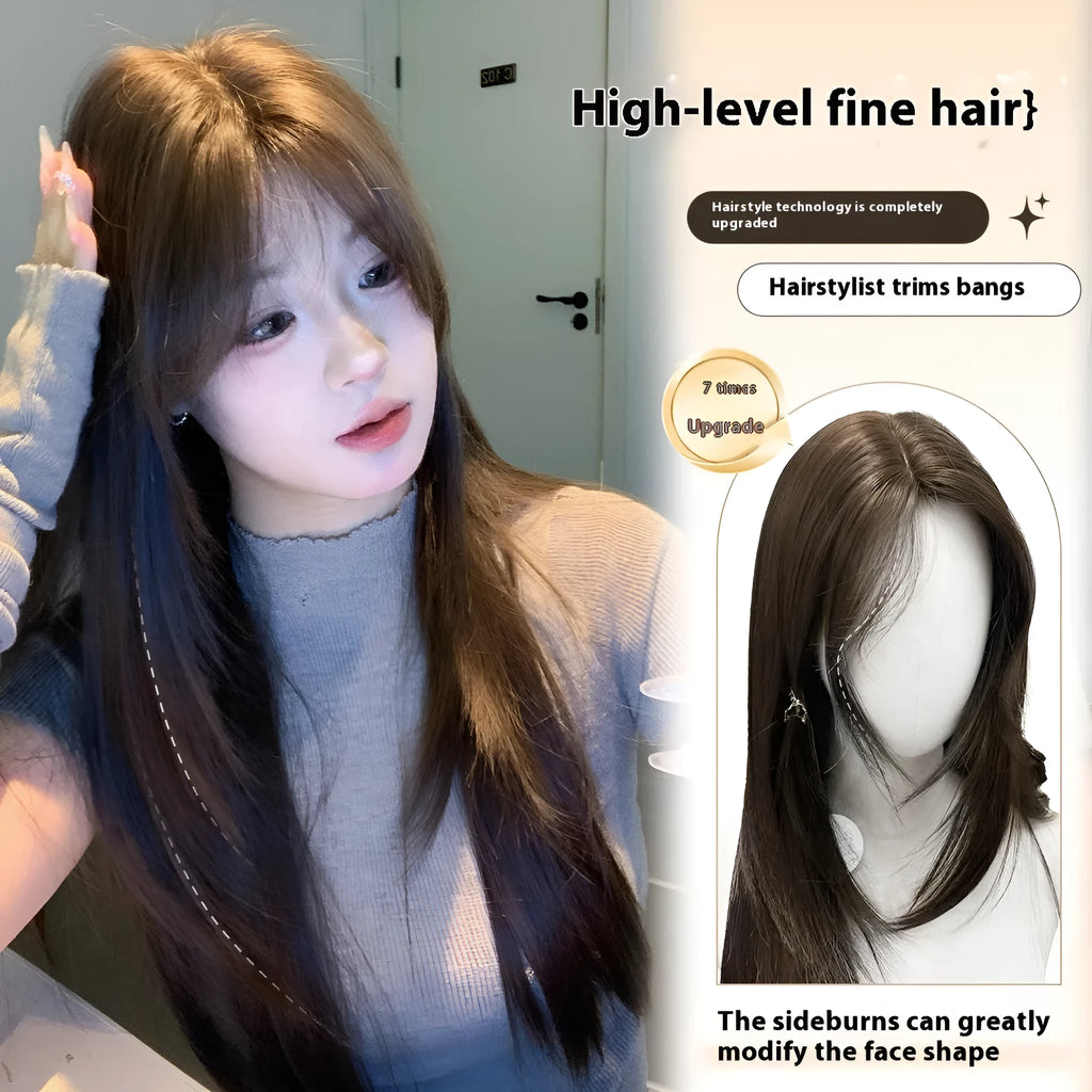 Women's cold brown layered straight wig with lace styling