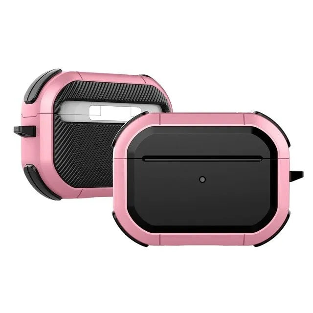 Black TPU and PC protective shell on an AirPods Pro charging case.