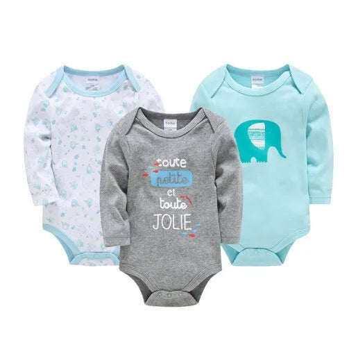 Cotton long sleeve baby jumpsuit with blue elephant print, available in sizes 3M to 24M