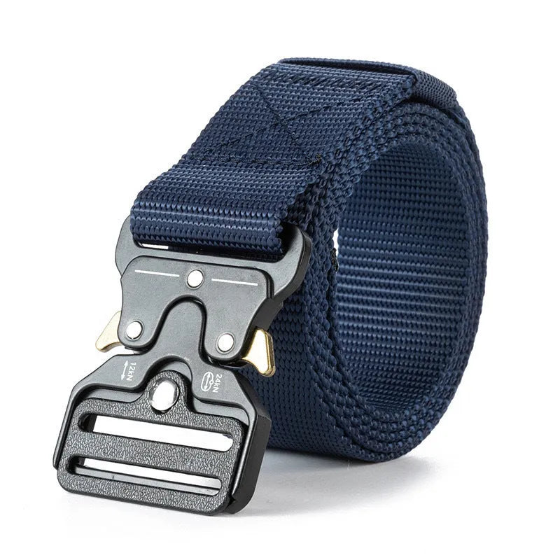 Men's thick canvas tactical belt with alloy release buckle in black colour, showing weaving flowers texture