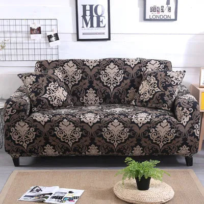 Printed geometric pattern stretch sofa slipcover on three-seater sofa