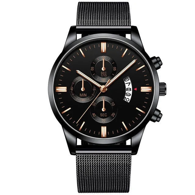 Men's stainless steel mesh band quartz watch showing analogue dial and choice of colour finishes.