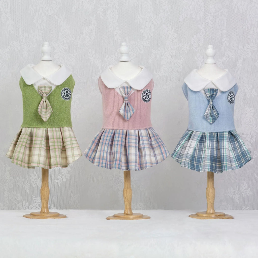 Tartan plaid princess skirt for a small dog or cat, shown in pink, blue, and green colour options.