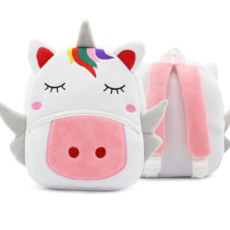 Plush animal backpack for children with zipper closure measuring 26x24x10cm
