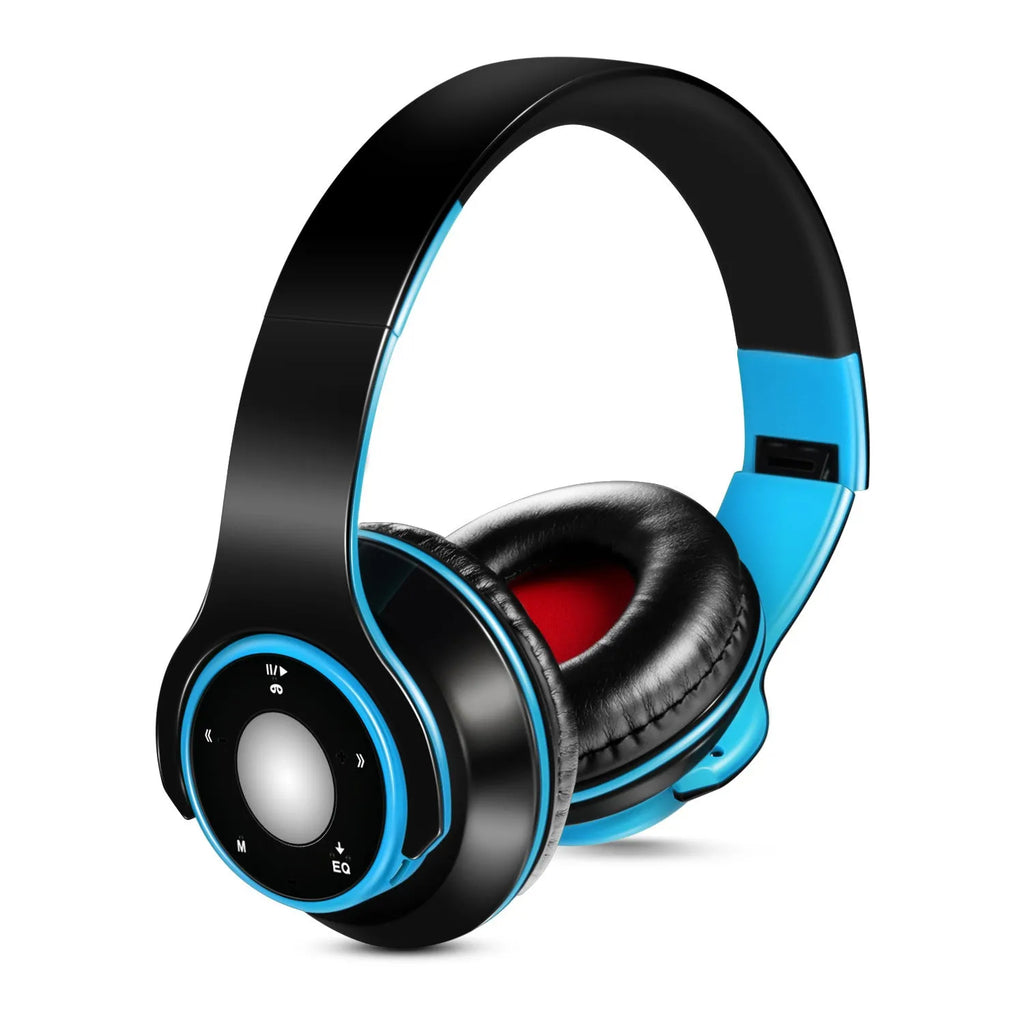 Blue foldable Bluetooth headset with adjustable hinges showing 3.5mm jack and USB port
