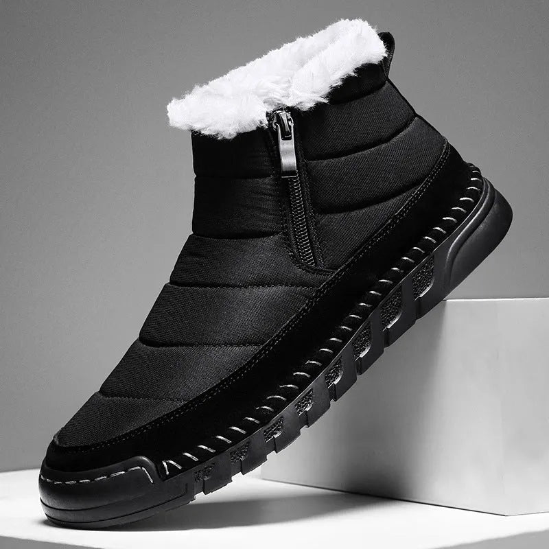 Men's plus size insulated snow boot in black with cotton upper and non-slip rubber sole.
