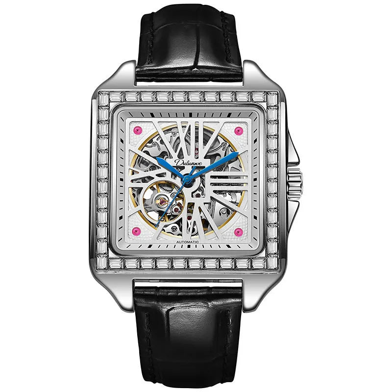 Men's square automatic watch with diamond-studded bezel on a stainless steel belt