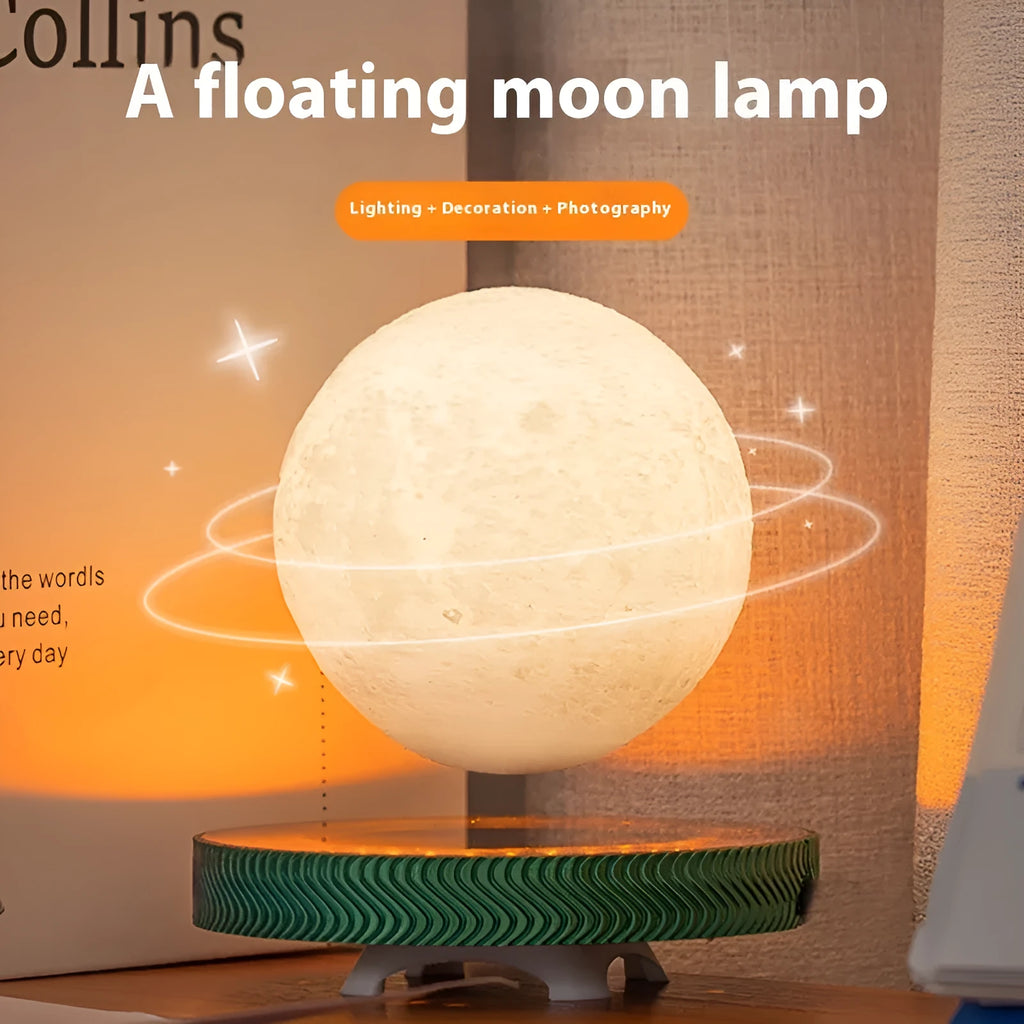 Magnetic suspension moon lamp floating above base with 3D printed celestial design
