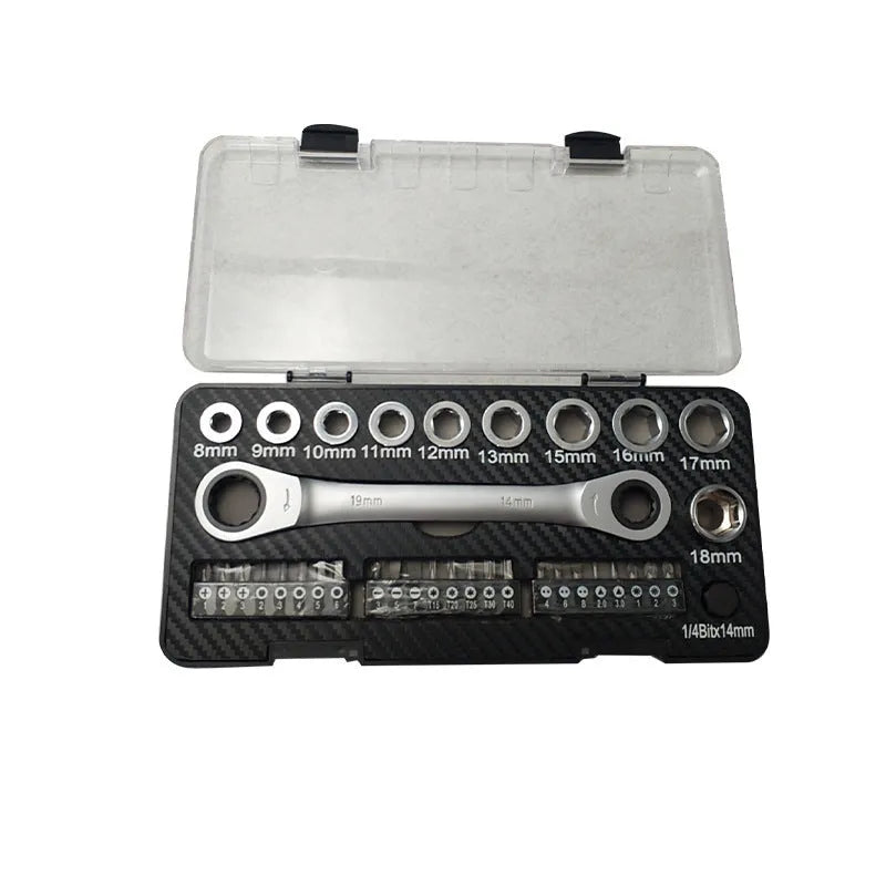 Dual-purpose ratchet wrench set with sockets and batch heads on grey background