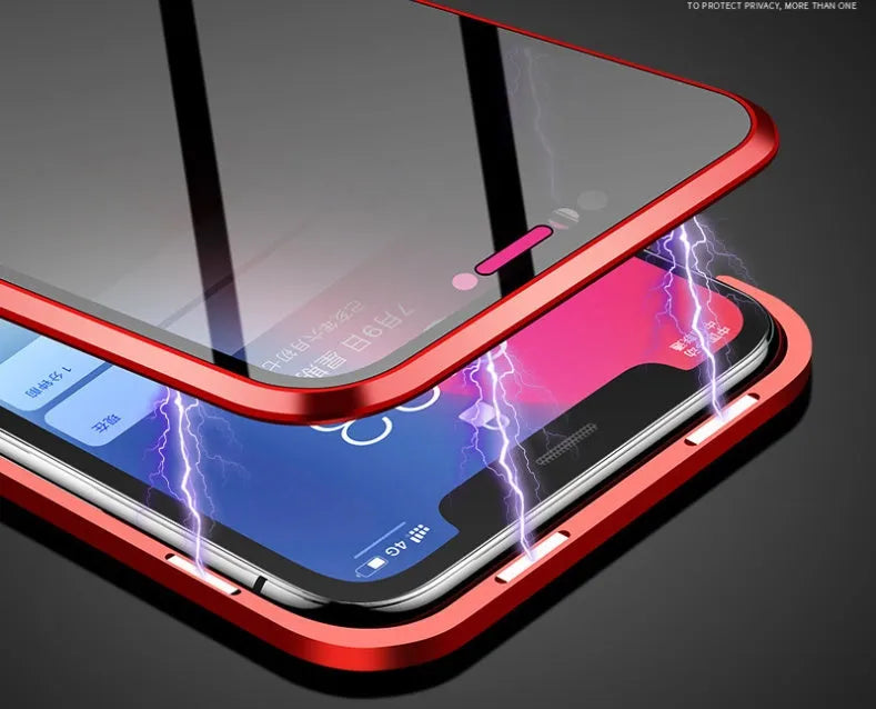 Samsung anti-peeping magnetic phone case in clamshell design with privacy screen and double-sided glass protection