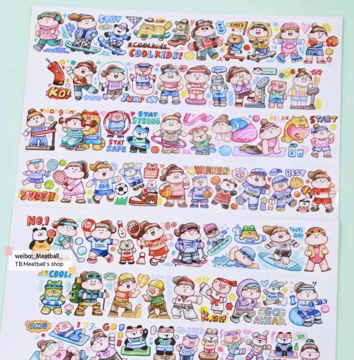 Sheet of cute cartoon character stickers for haemorrhoid tape packaging, printed on Japanese paper.