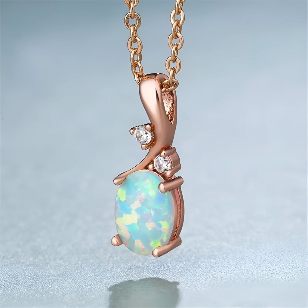Water drop opal pendant necklace with adjustable chain in rose gold or white finish
