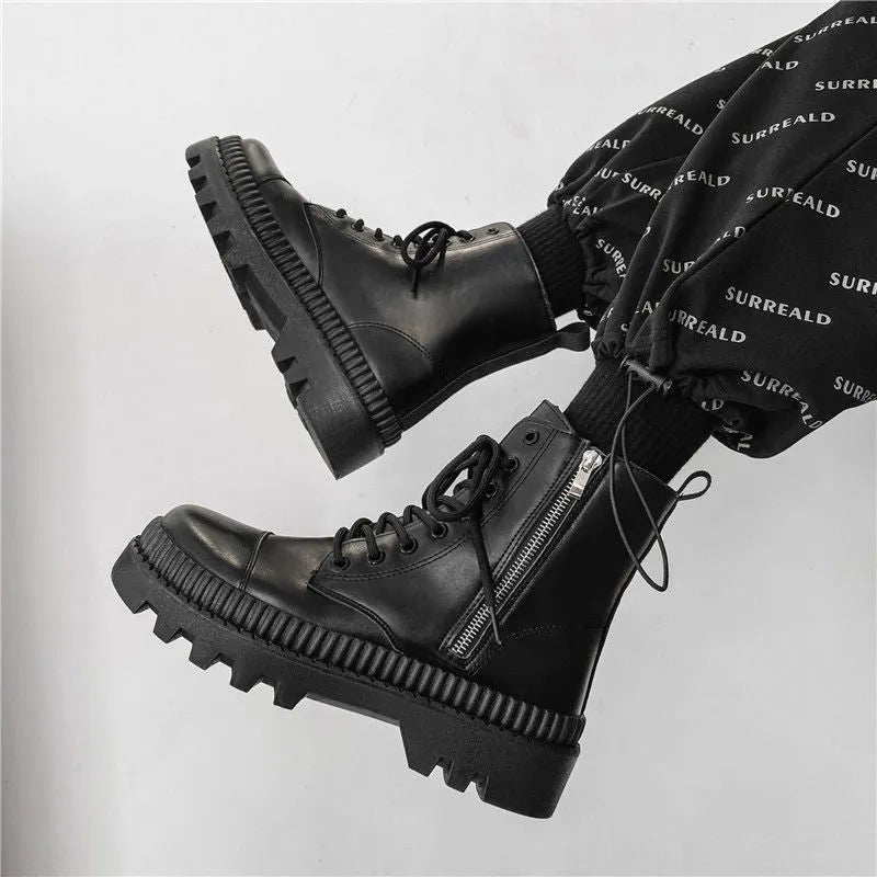 Men's black high-top platform boots with a side zip and frosted cowhide leather upper.