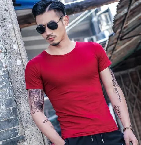 Men's short-sleeve t-shirt in bamboo-blend fabric shown in various colours including black, blue, red, and white.