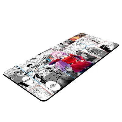 Pink cloth keyboard mat with Darling in the Franxx anime print on a desk