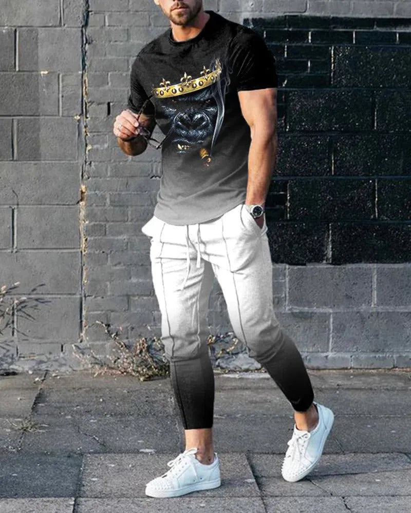 Men's short sleeve round neck T-shirt and matching trousers set in a light grey colour.