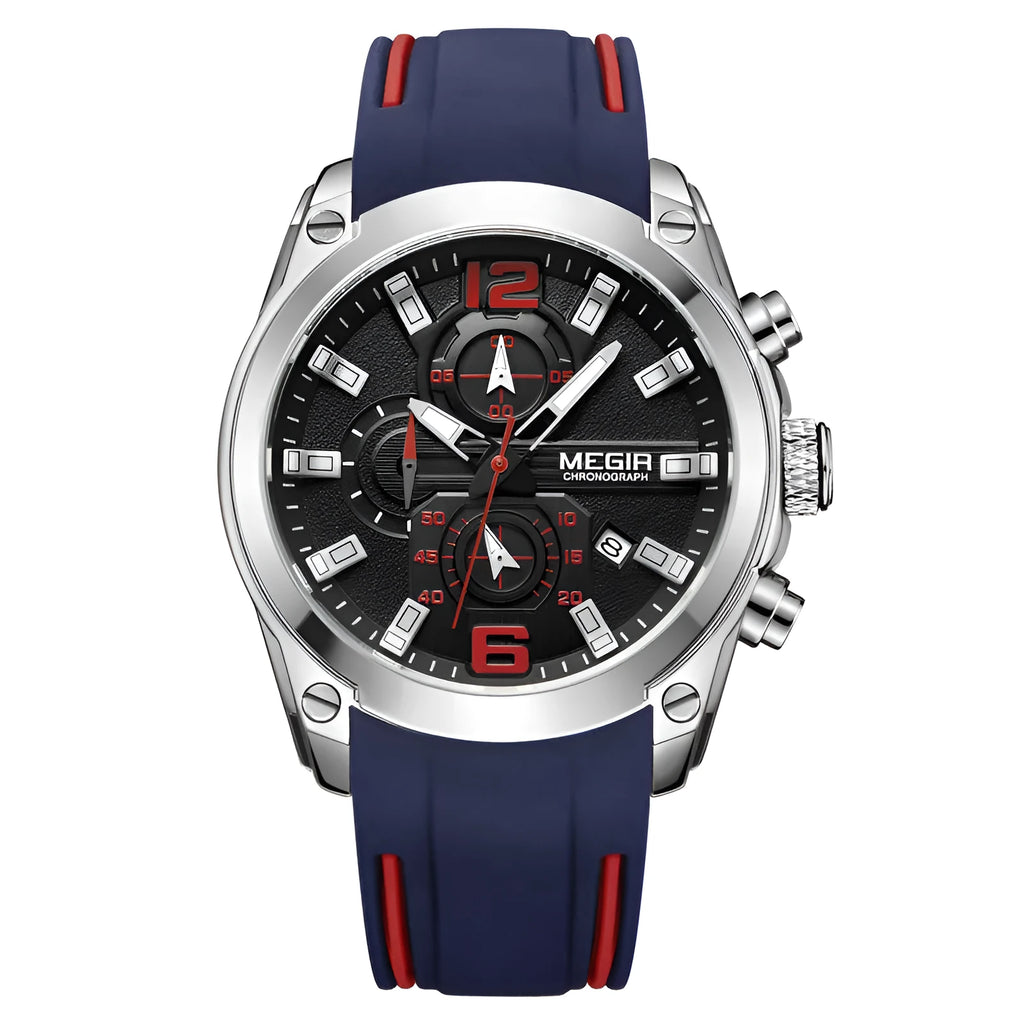 Multifunctional sports watch with black silicone strap, 46mm dial, and mineral glass face