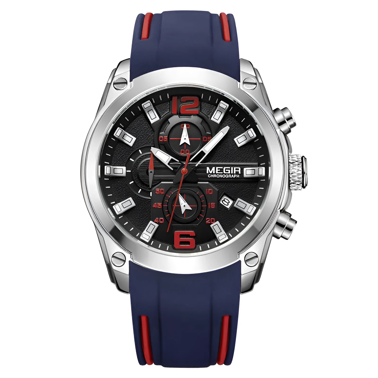 Multifunctional sports watch with black silicone strap, 46mm dial, and mineral glass face
