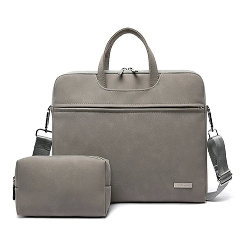 PU leather laptop bag in black with removable shoulder strap, fits 13.3 inch MacBook Air