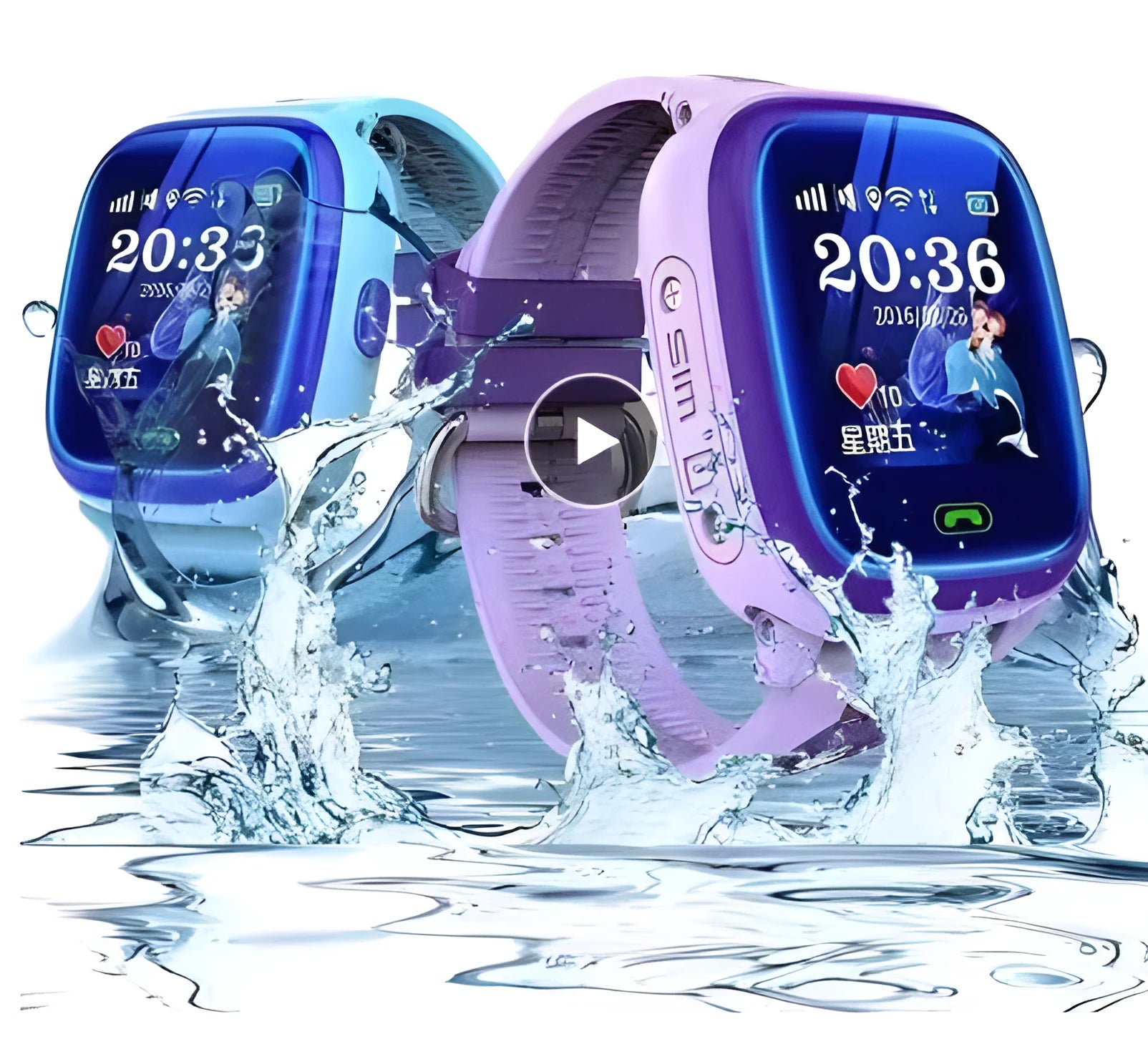 Blue DF25 children's waterproof smart watch with touch screen and silicone wristband on a wrist.