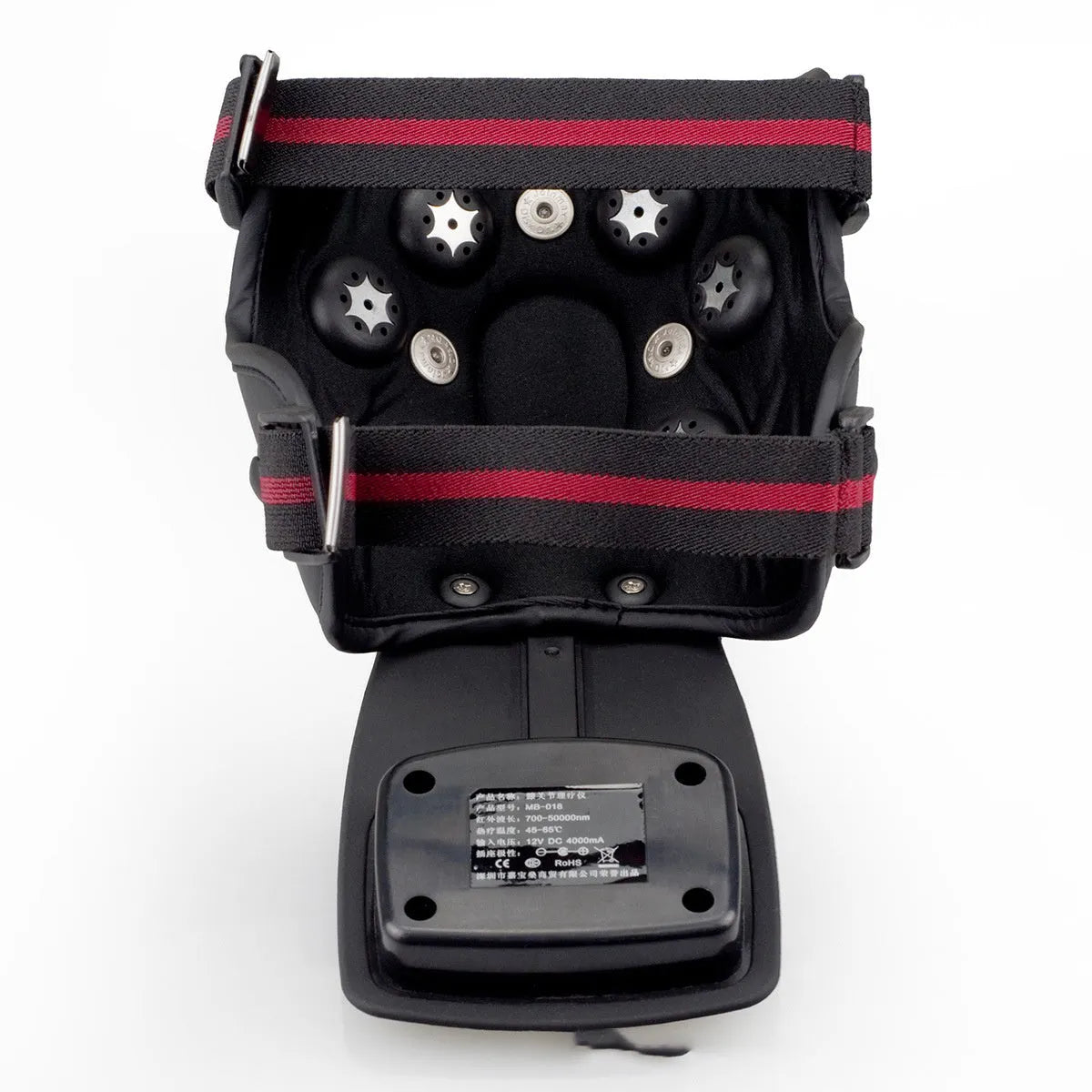 Knee and shoulder massager unit with infrared heat function and adjustable temperature control.