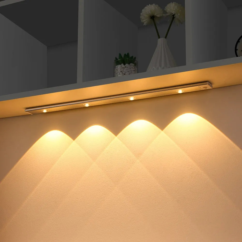 Thin silver aluminium USB rechargeable LED light strip with motion sensor for cabinet mounting